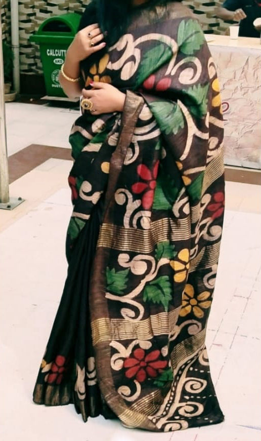 Black Hand Painted Zari Border Pure Silk Mark Certified Kalamkari Tussar Silk Sarees - Dailybuyys