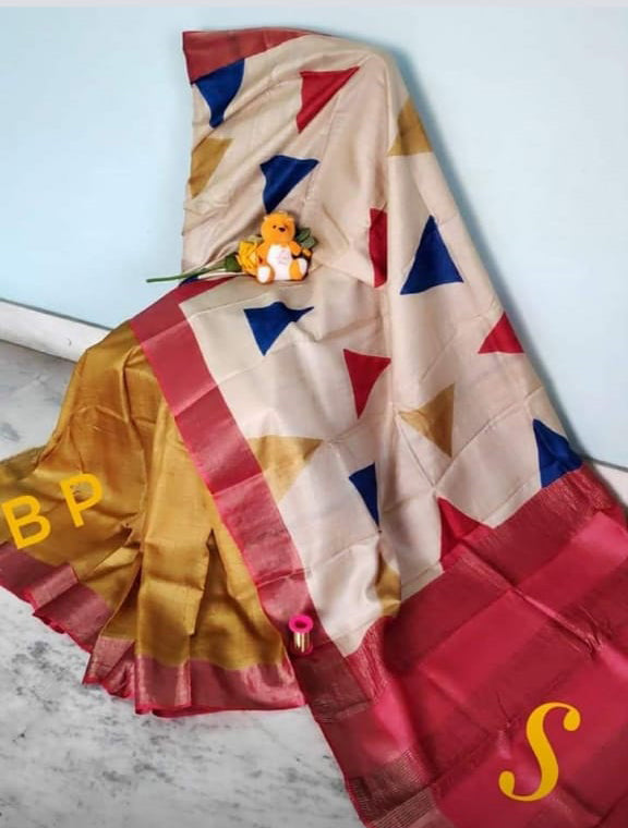 Beige Block Printed Zari Border Pure Silk Mark Certified Tussar Silk Sarees - Dailybuyys