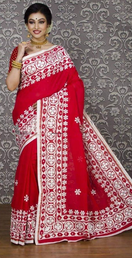 Red Mirror Work Handloom Sarees - Dailybuyys