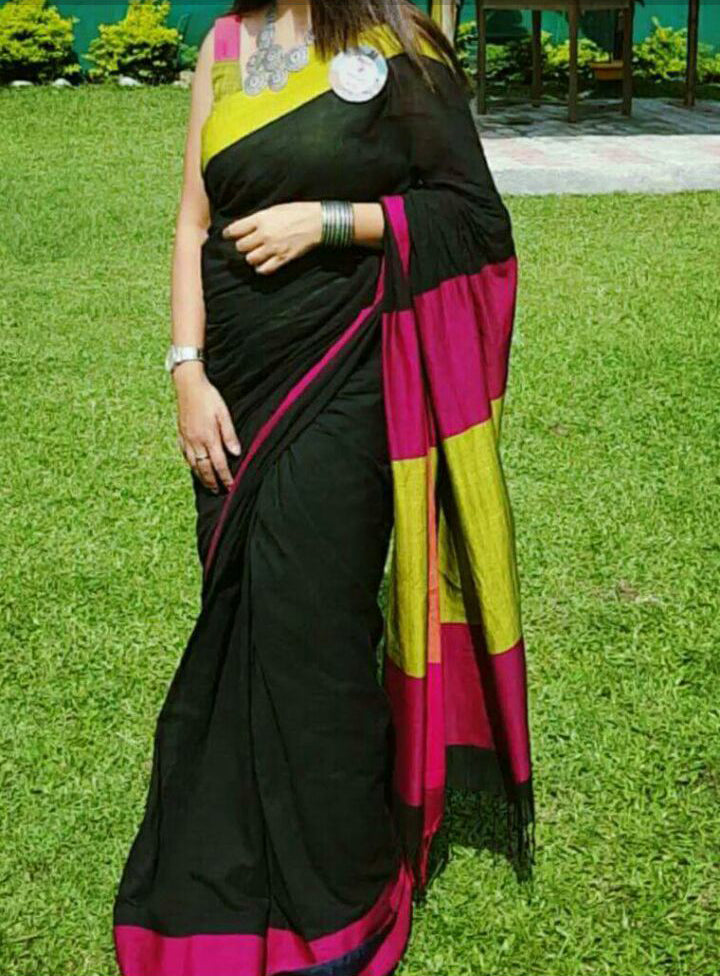 Black Pure Linen Sarees - Dailybuyys