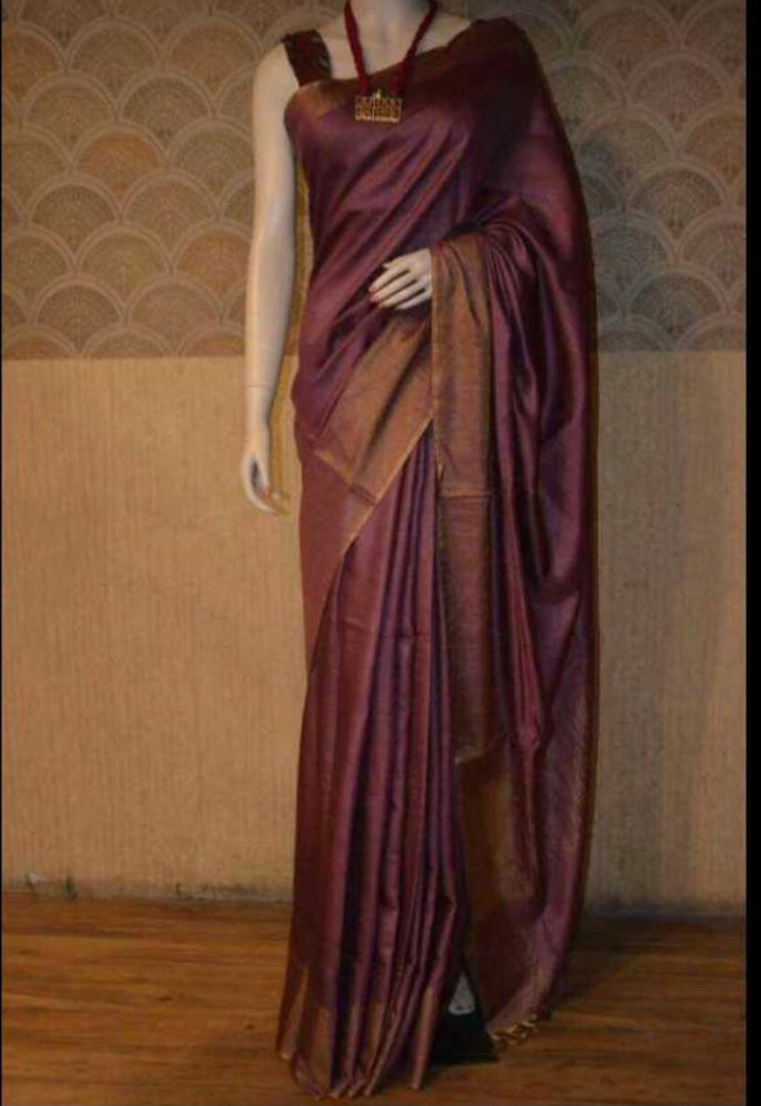 Maroon Muga Block Printed Zari Border Pure Silk Mark Certified Tussar Silk Sarees - Dailybuyys