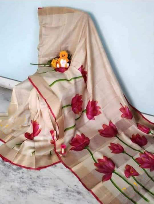 Beige Hand Painted Zari Border Pure Silk Mark Certified Tussar Silk Sarees - Dailybuyys