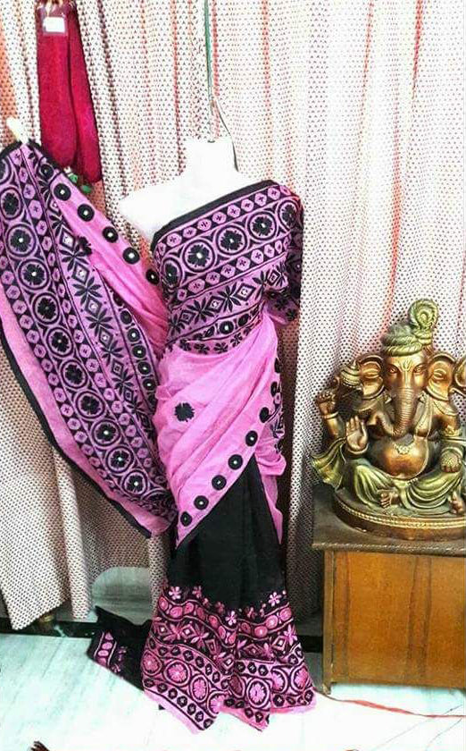Pink Black Kathiawari Sarees - Dailybuyys