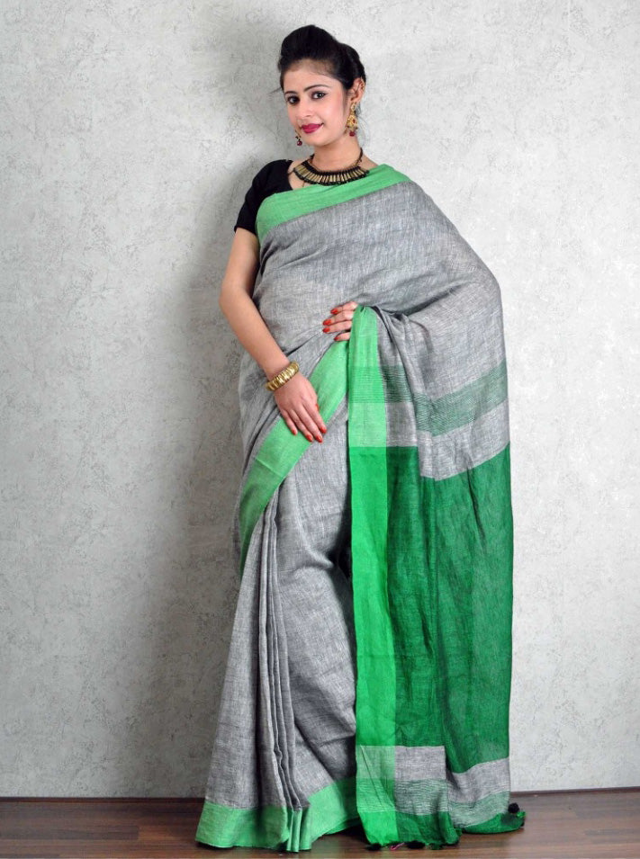 Grey Green Bengal Handloom Khadi Sarees - Dailybuyys