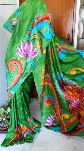 Green Hand Printed Pure Silk Mark Certified Bishnupuri Silk Sarees - Dailybuyys