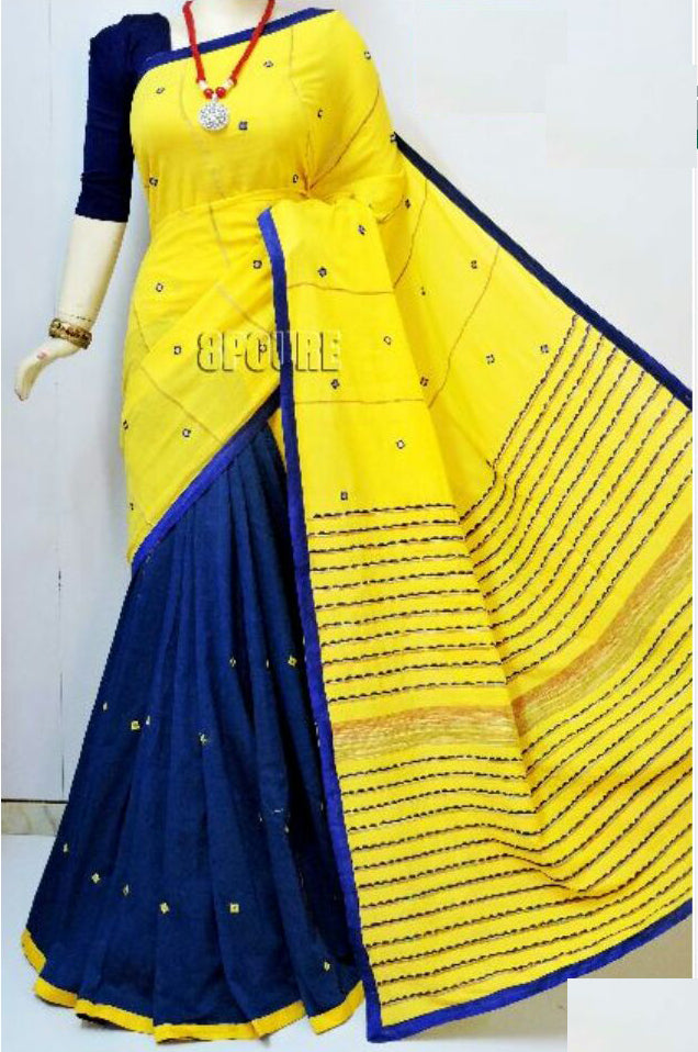 Yellow Blue Mirror Work Khesh Sarees - Dailybuyys