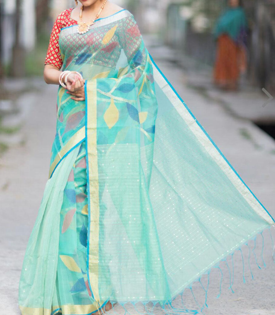 Sky Blue Matka Silk Mark Certified Muslin Jori Border Sequence Jamdani Sarees - Dailybuyys