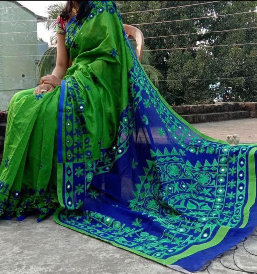 Green Bangladeshi Pure Cotton Kathiawari Sarees - Dailybuyys