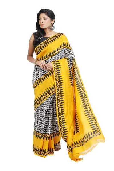 Yellow Block Printed Pure Silk Mark Certified Bishnupuri Silk Sarees - Dailybuyys