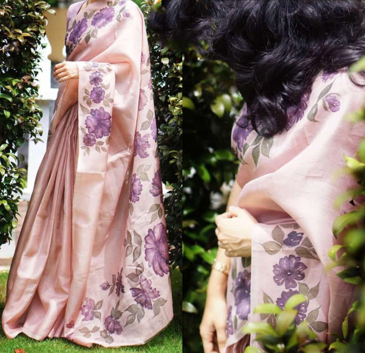 Beige Pure Digital Print Organza Sarees - Dailybuyys