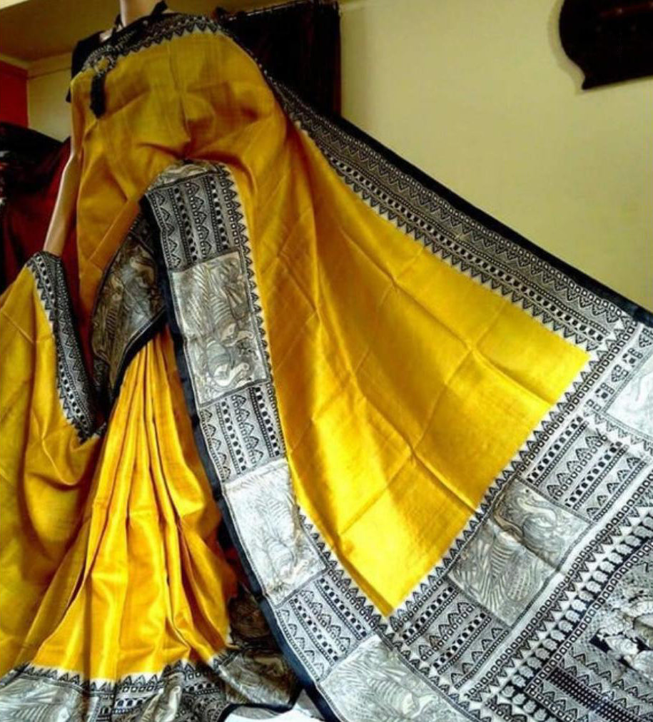 Yellow Block Printed Pure Silk Mark Certified Bishnupuri Silk Sarees - Dailybuyys