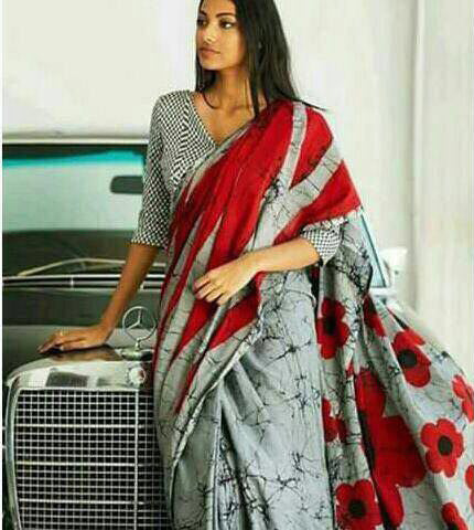 Grey Red Mulmul Batik Sarees - Dailybuyys