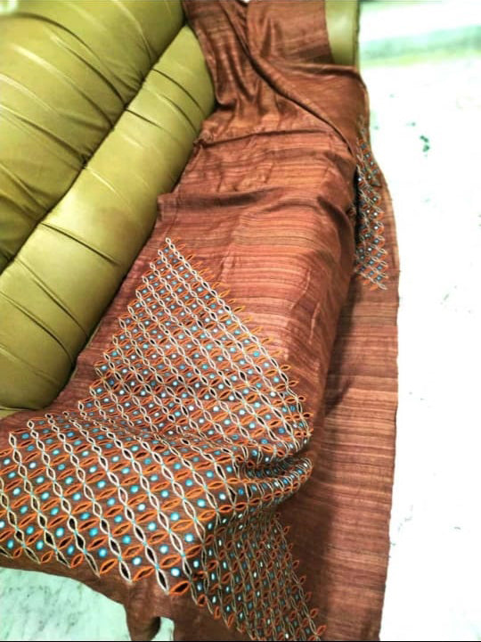 Brown Cut Work Pure Silk Mark Certified Tussar Ghicha Silk Sarees - Dailybuyys