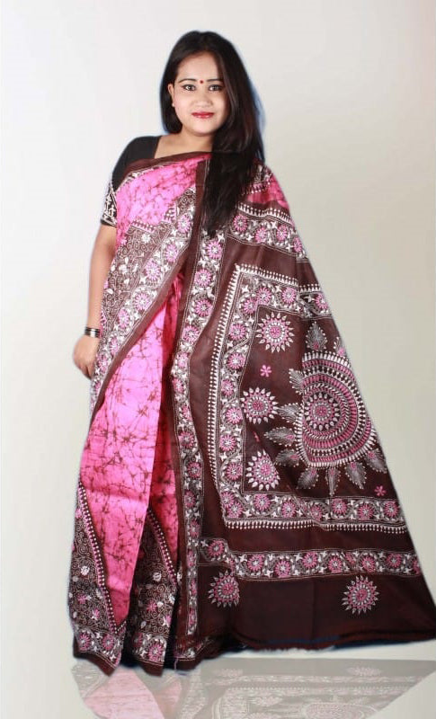 Pink Exclusive Wax Hand Batik Print Pure Silk Mark Certified Bishnupuri Silk Sarees - Dailybuyys