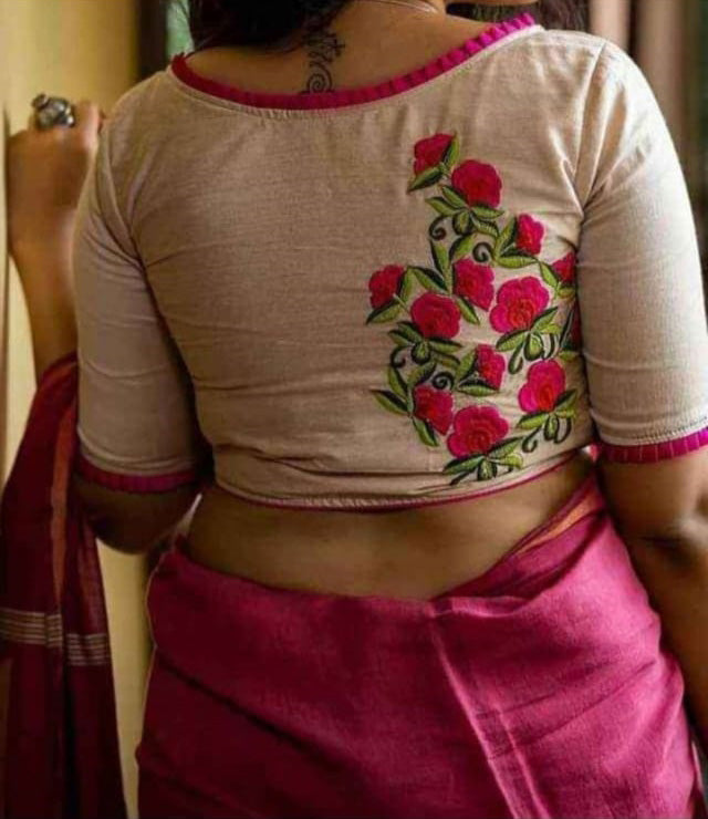 Beige Floral Motif Embroidered Boat Neck Piping Blouses(Add To Cart 15% Off) - Dailybuyys