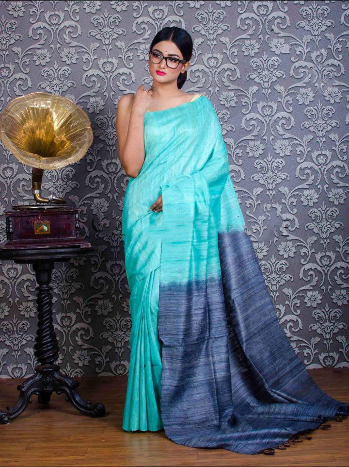Blue Pure Silk Mark Certified Tussar Silk Sarees - Dailybuyys