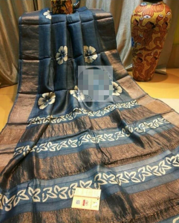 Grey Block Printed Zari Border Pure Silk Mark Certified Tussar Silk Sarees - Dailybuyys