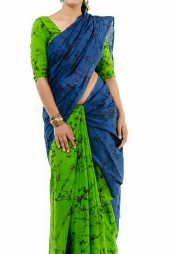 Green Blue Mulmul Batik Sarees - Dailybuyys