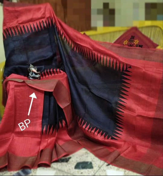 Red Black Block Printed Zari Border Pure Silk Mark Certified Tussar Silk Sarees - Dailybuyys