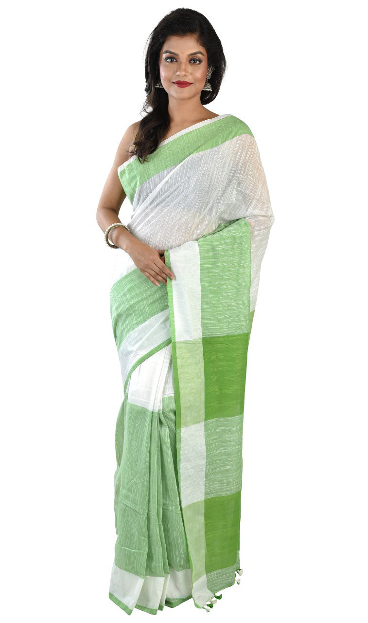 Green White Bengal Handloom Khadi Sarees - Dailybuyys