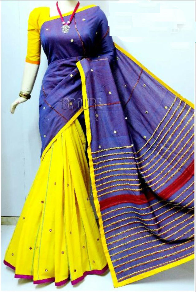 Violet Yellow Mirror Work Khesh Sarees - Dailybuyys