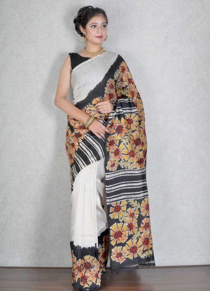Beige Hand Painted Pure Silk Mark Certified Bishnupuri Silk Sarees - Dailybuyys