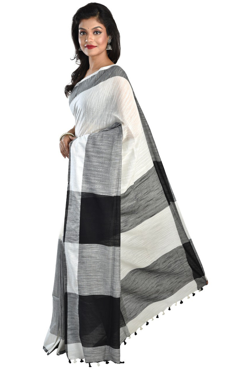 Black White Bengal Handloom Khadi Sarees - Dailybuyys