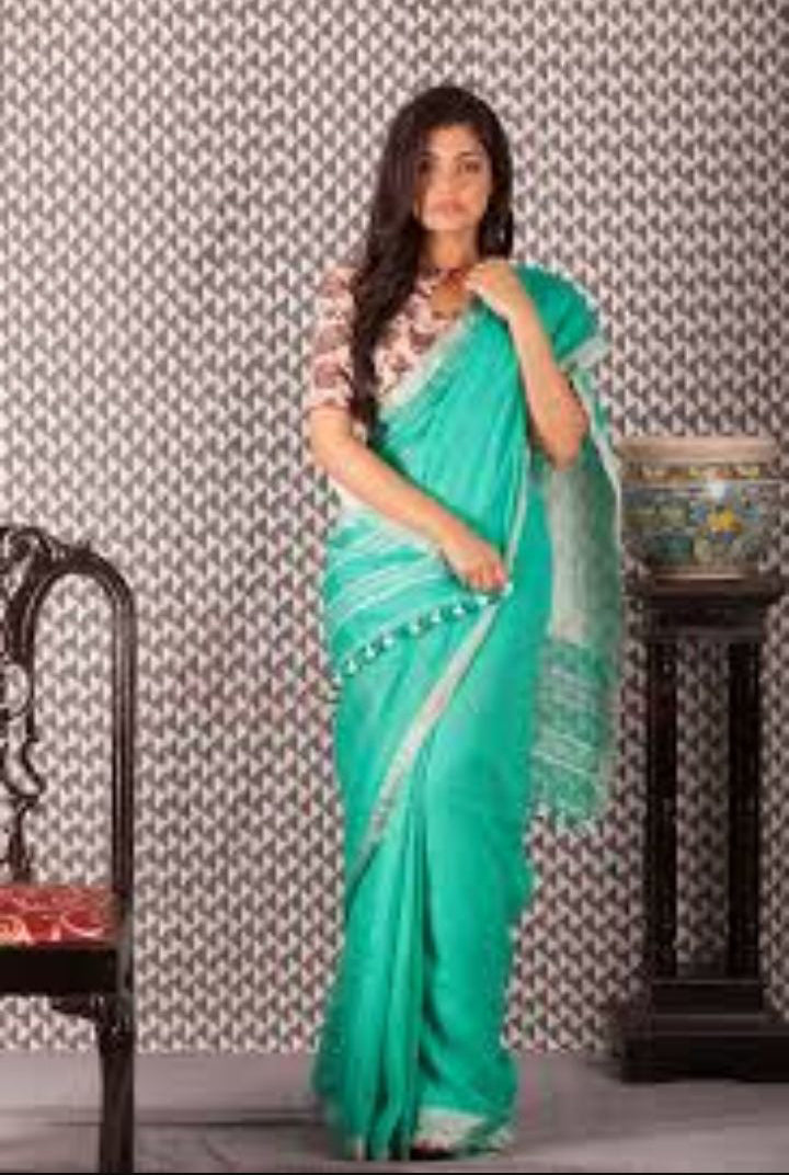 Green Pure Linen Sarees - Dailybuyys