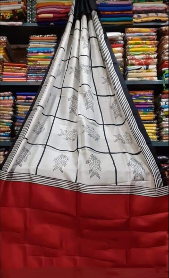 Red Block Printed Pure Silk Mark Certified Bishnupuri Silk Sarees - Dailybuyys