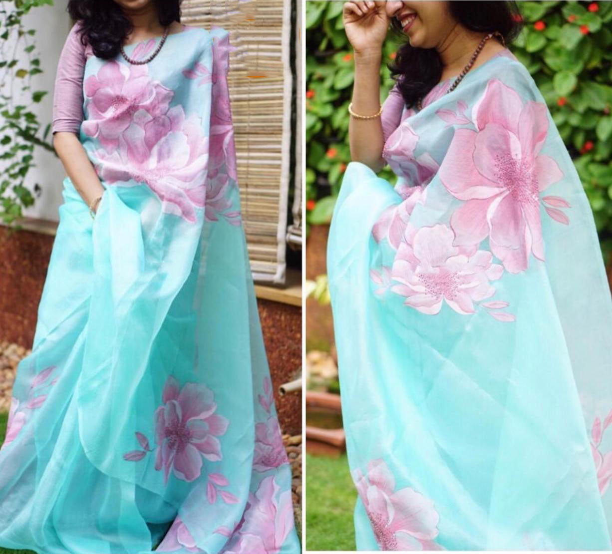 Blue Pure Digital Print Organza Sarees - Dailybuyys