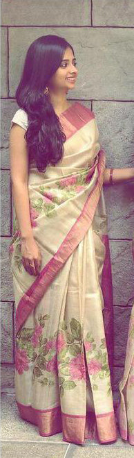 Beige Hand Painted Zari Border Pure Silk Mark Certified Tussar Silk Sarees - Dailybuyys