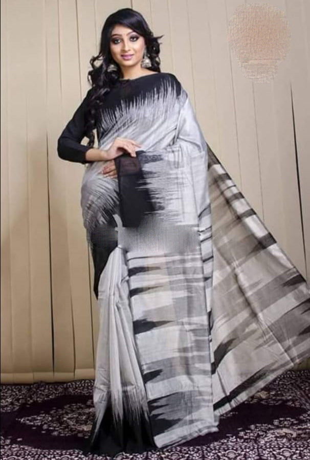 White Black Ikkat Sarees - Dailybuyys
