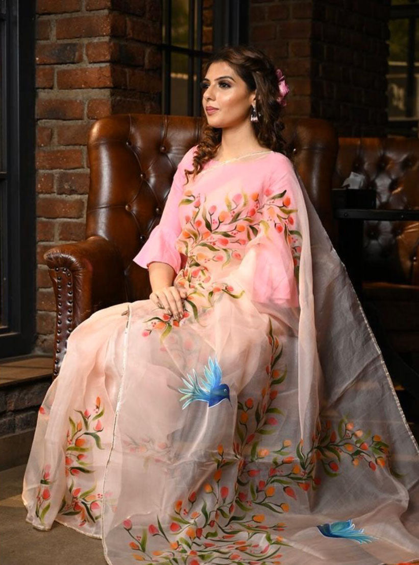 Pink Pure Digital Print Organza Sarees - Dailybuyys
