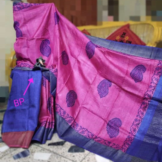 Pink Grey Block Printed Zari Border Pure Silk Mark Certified Tussar Silk Sarees - Dailybuyys