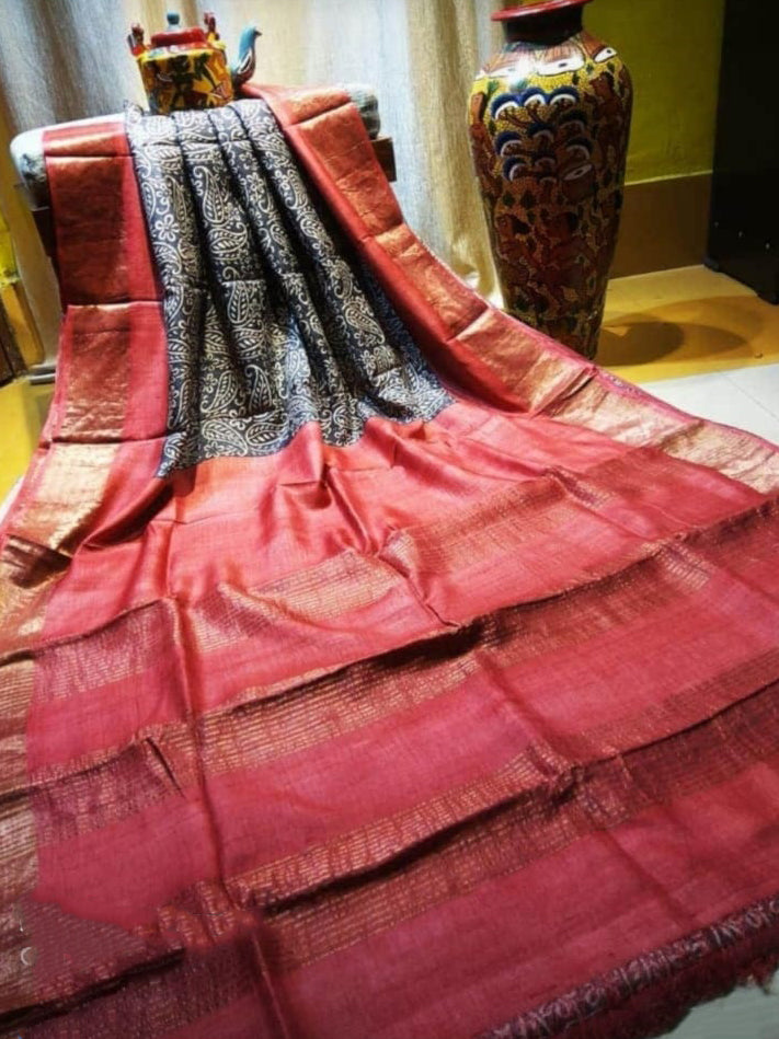 Red Black Block Printed Zari Border Pure Silk Mark Certified Tussar Silk Sarees - Dailybuyys