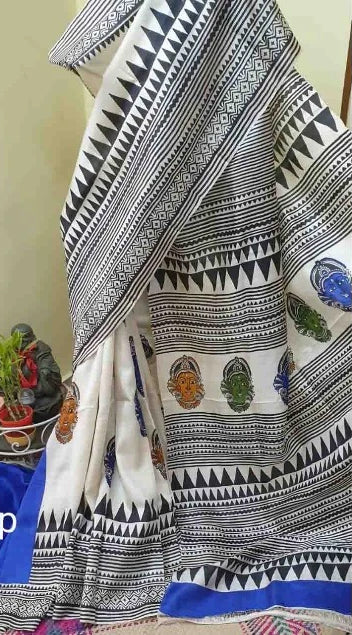 MultiColour Block Printed Pure Silk Mark Certified Murshidabad Silk Sarees - Dailybuyys