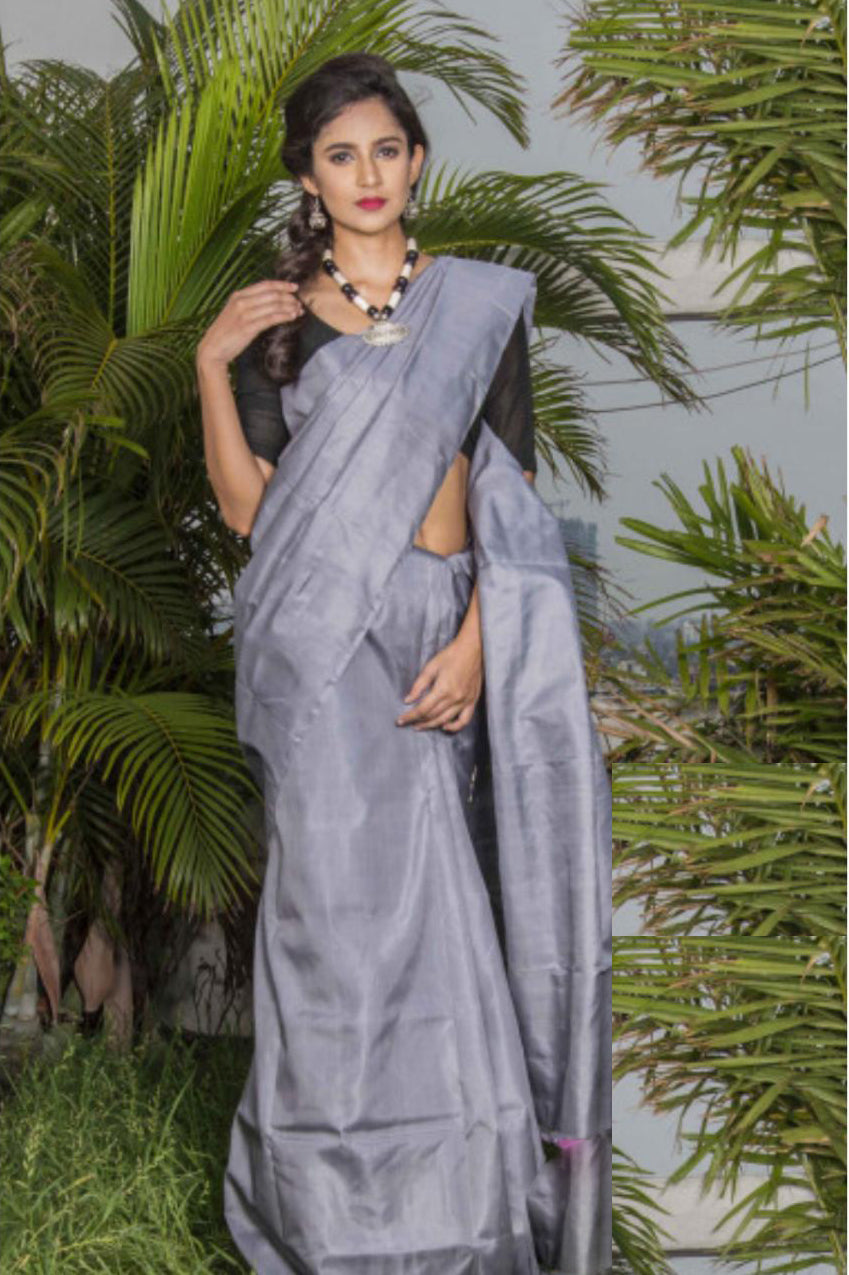 Grey Pure Silk Mark Certified Tussar Ghicha Silk Sarees - Dailybuyys