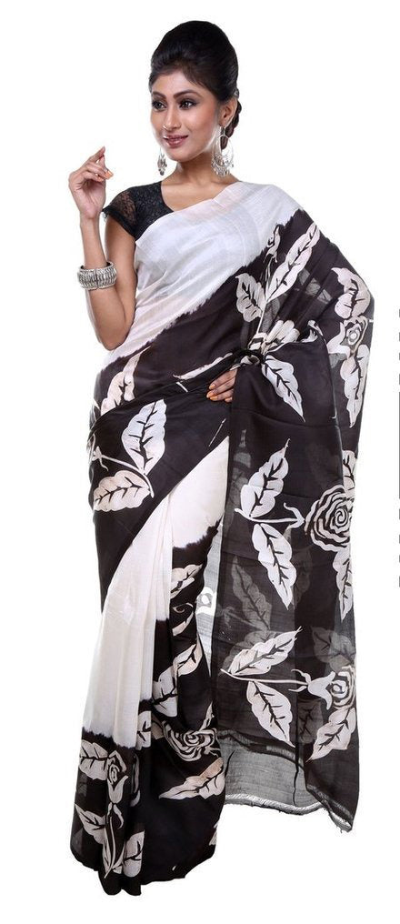 White Black Pure Hand Painted Silk Mark Certified Bishnupuri Silk Sarees - Dailybuyys