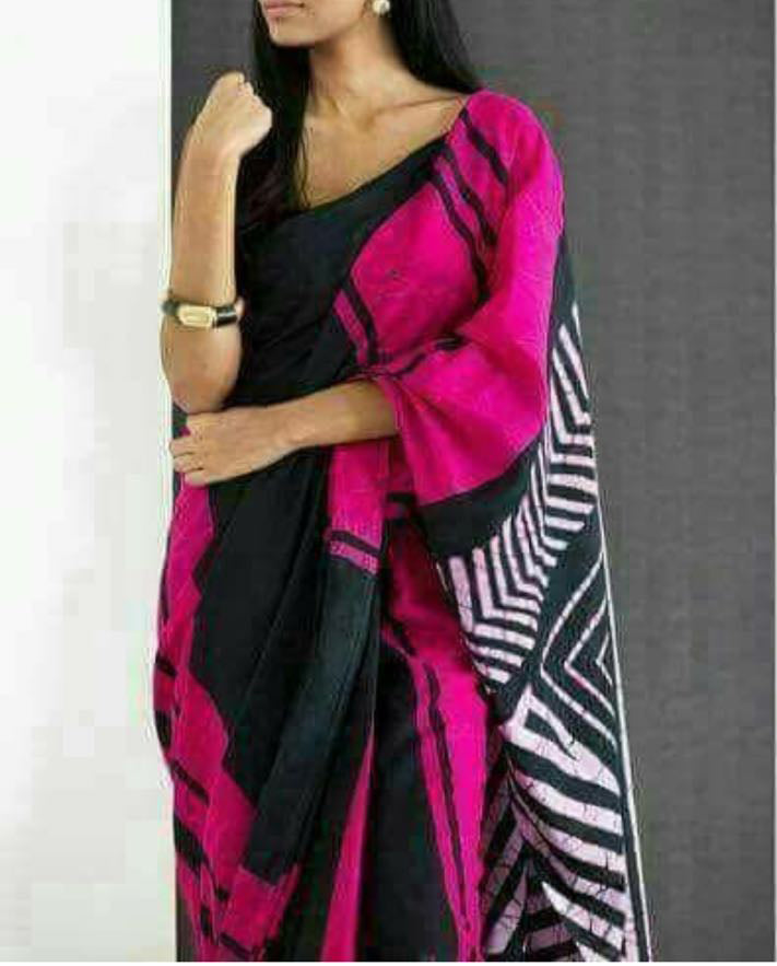 Pink Black Mulmul Batik Sarees - Dailybuyys