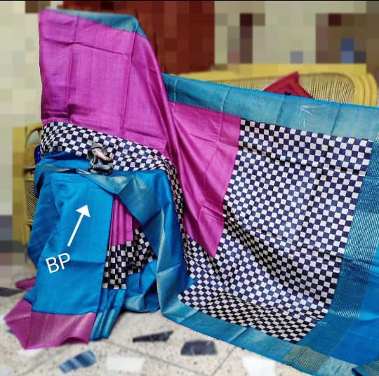 Pink Blue Block Printed Zari Border Pure Silk Mark Certified Tussar Silk Sarees - Dailybuyys