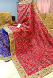 Red Blue Kantha Stitch Design Dupion Silk Sarees