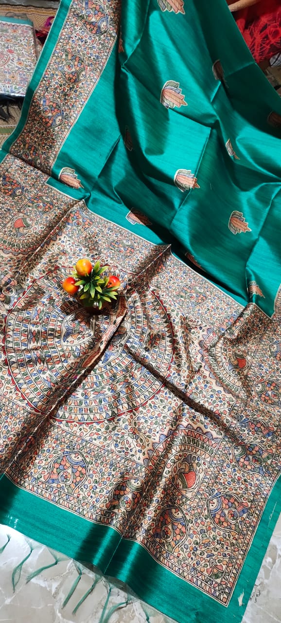 Blue Pure Silk Mark Certified Tussar Silk Madhubani Sarees - Dailybuyys