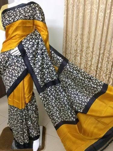 Yellow Block Printed Pure Silk Mark Certified Bishnupuri Silk Sarees - Dailybuyys