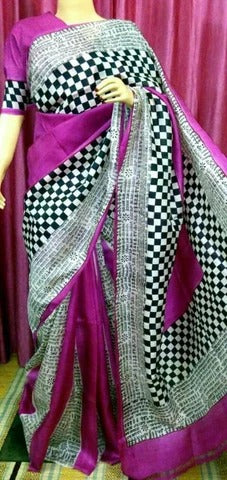 Purple Block Printed Pure Silk Mark Certified Bishnupuri Silk Sarees - Dailybuyys