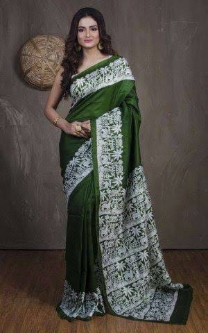 Green Block Printed Pure Silk Mark Certified Bishnupuri Silk Sarees - Dailybuyys
