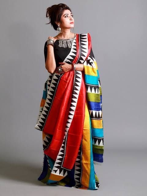 Red Block Printed Pure Silk Mark Certified Bishnupuri Silk Sarees - Dailybuyys