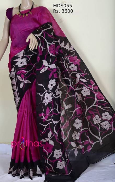 Purple Wax Hand Batik Printed Pure Silk Mark Certified Bishnupuri Silk Sarees - Dailybuyys
