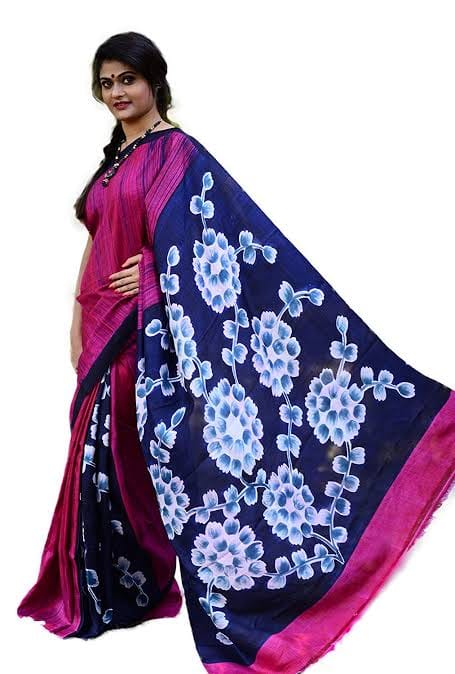 Purple Hand Batik Printed Pure Silk Mark Certified Bishnupuri Silk Sarees - Dailybuyys
