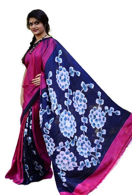 Purple Hand Batik Printed Pure Silk Mark Certified Bishnupuri Silk Sarees