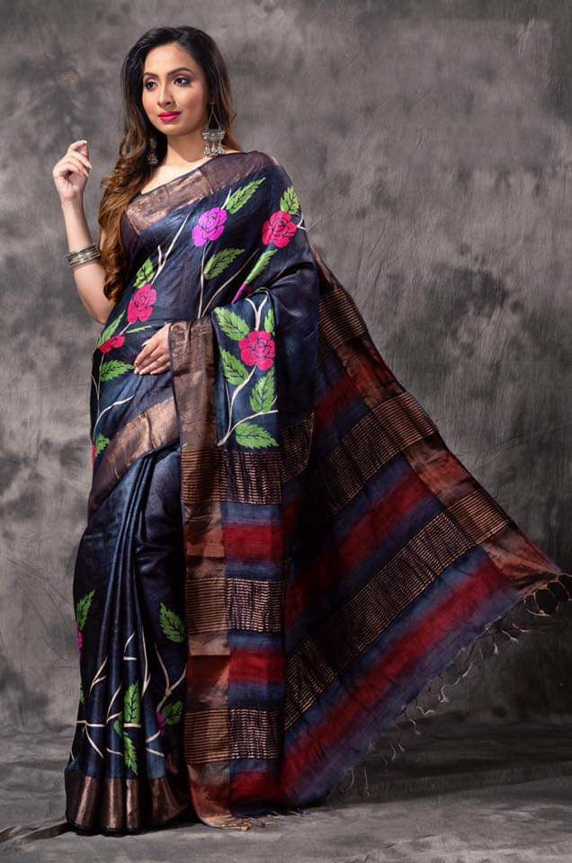 Navy Blue Hand Painted Zari Border Pure Silk Mark Certified Tussar Silk Sarees - Dailybuyys